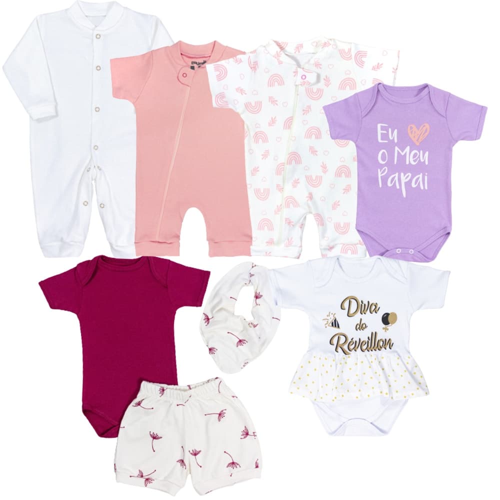 Kit enxoval bebê 8 peças 100% algodão cores e estampas da foto