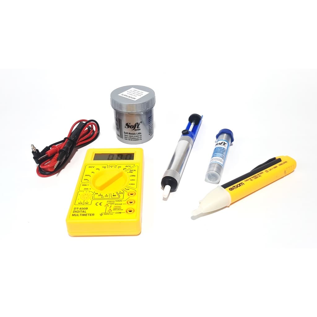 Kit Multimetro Digital 830b + Caneta de teste + Estanho + Sugador + Pasta de Solda