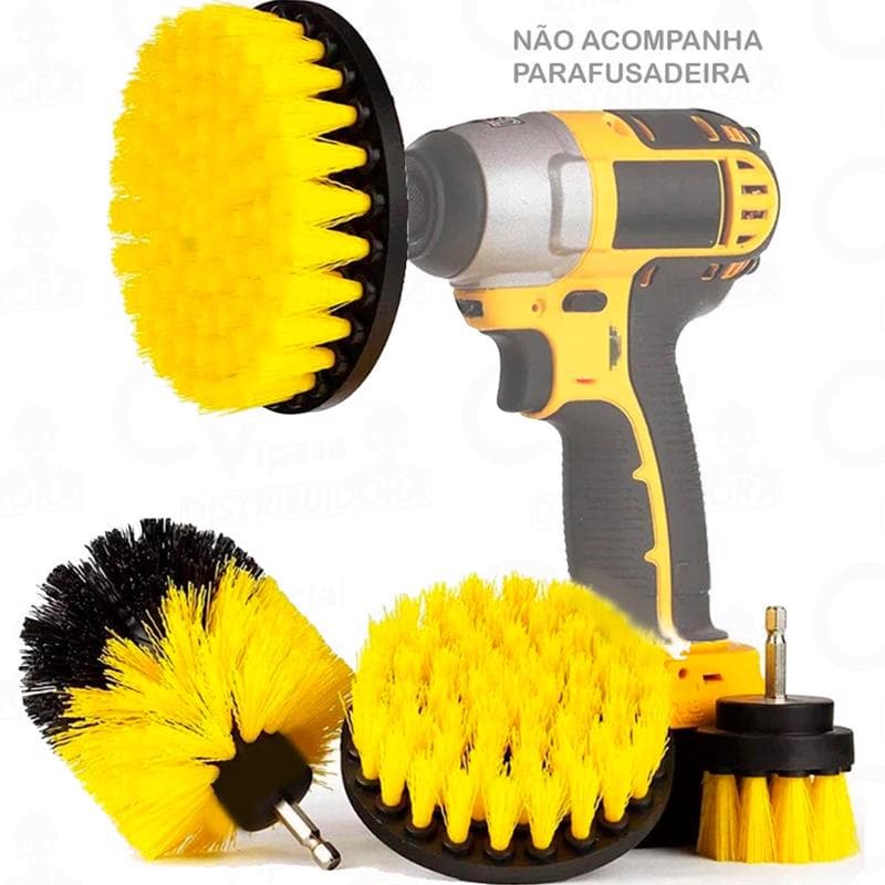 Kit Jogo Escovas Rotativa 3 Peças Para Limpeza Geral Casa Carro Moto Encaixe Parafusadeira Furadeira