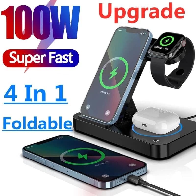 QSJZHY 100W 4 Em 1 Estação De Carregamento Sem Fio Dobrável Para IPhone 14 13 12 Apple Watch 7/6 Samsung Galaxy Carregad