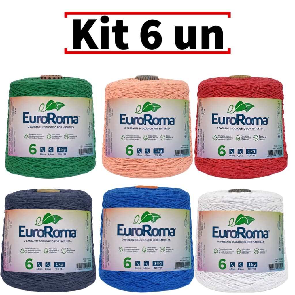 Kit 6 Barbantes 1 Kilo Coloridos Fio 6 TEX 984 Euroroma 1016 Metros para Crochê