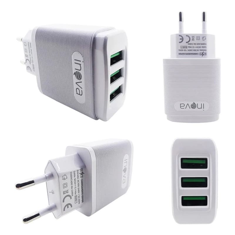 Carregador Celular 3 Entradas USB Fonte Tomada 5.1A Turbo Rápida SEM CABO