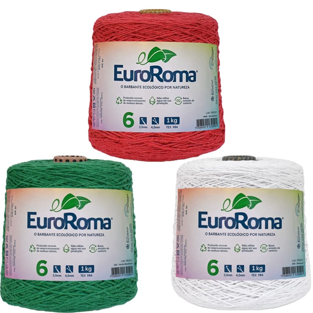 Kit com 3 Barbantes 1 Quilo Fio 6 Colorido Linha Euroroma para Crochê e Tricô