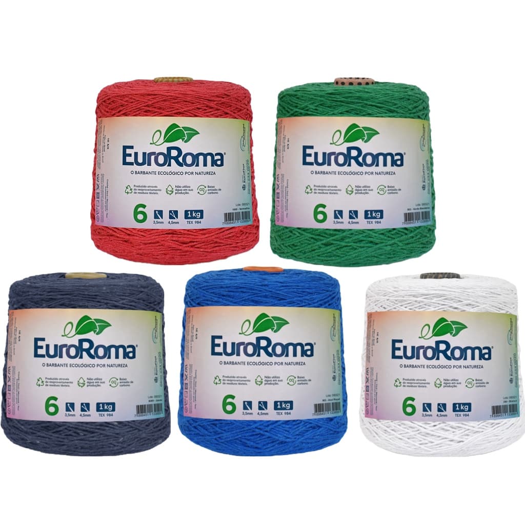 Kit 5 Barbantes 1 Quilo Espessura Fio 6 Colorido Euroroma Linha para Crochê e Tricô