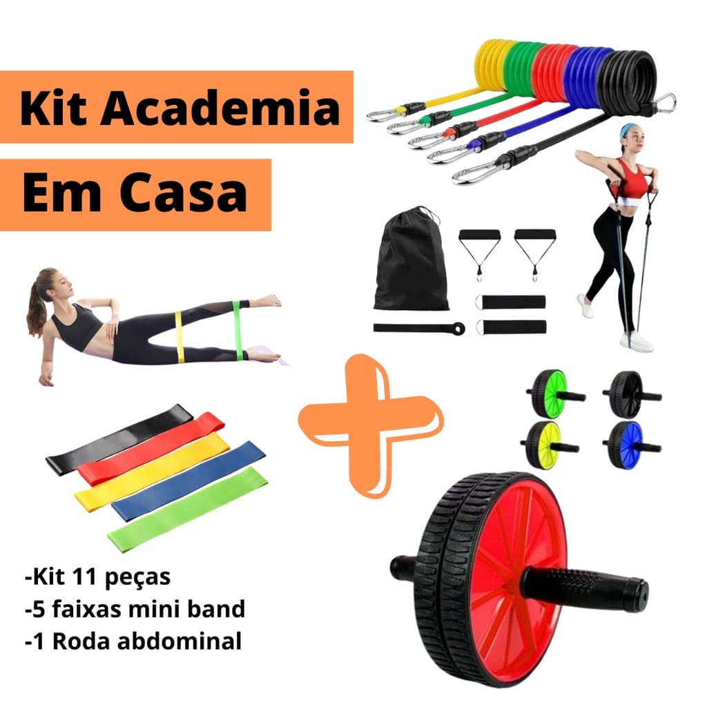 Kit Treino em Casa 17 Peças Elástico Mini Band Roda Abdominal Musculação Yoga Pilates