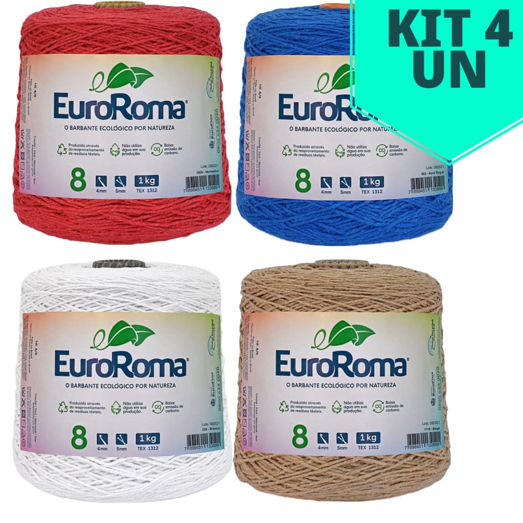 Kit 4 Barbantes EuroRoma 1kg Fio 8 Coloridos 85% Algodão para Crochê Tricô Artesanato Tapetes e Bolsas