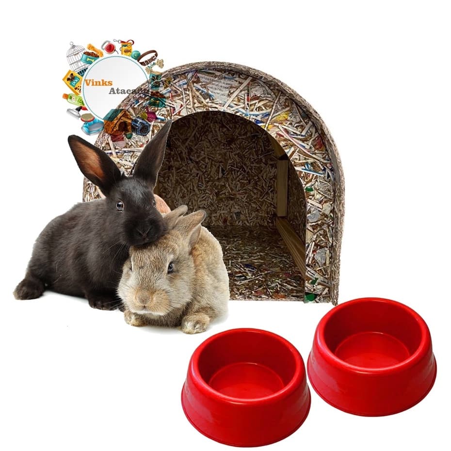 Toca N2 Casinha Para Coelho Casinha Pet Madeira Ecológica Reciclavel + 2 Pote Plástico Comedouro Pequeno