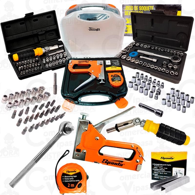 Kit Jogo De Ferramentas 84 Peças Manuais Chave Catraca Articulada Soquetes Bits Grampeador Trena