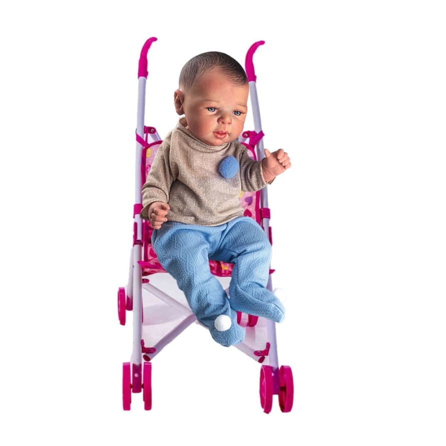 Kit Bebe Reborn Realista Mamadeira Menino + Carrinho de Bebê