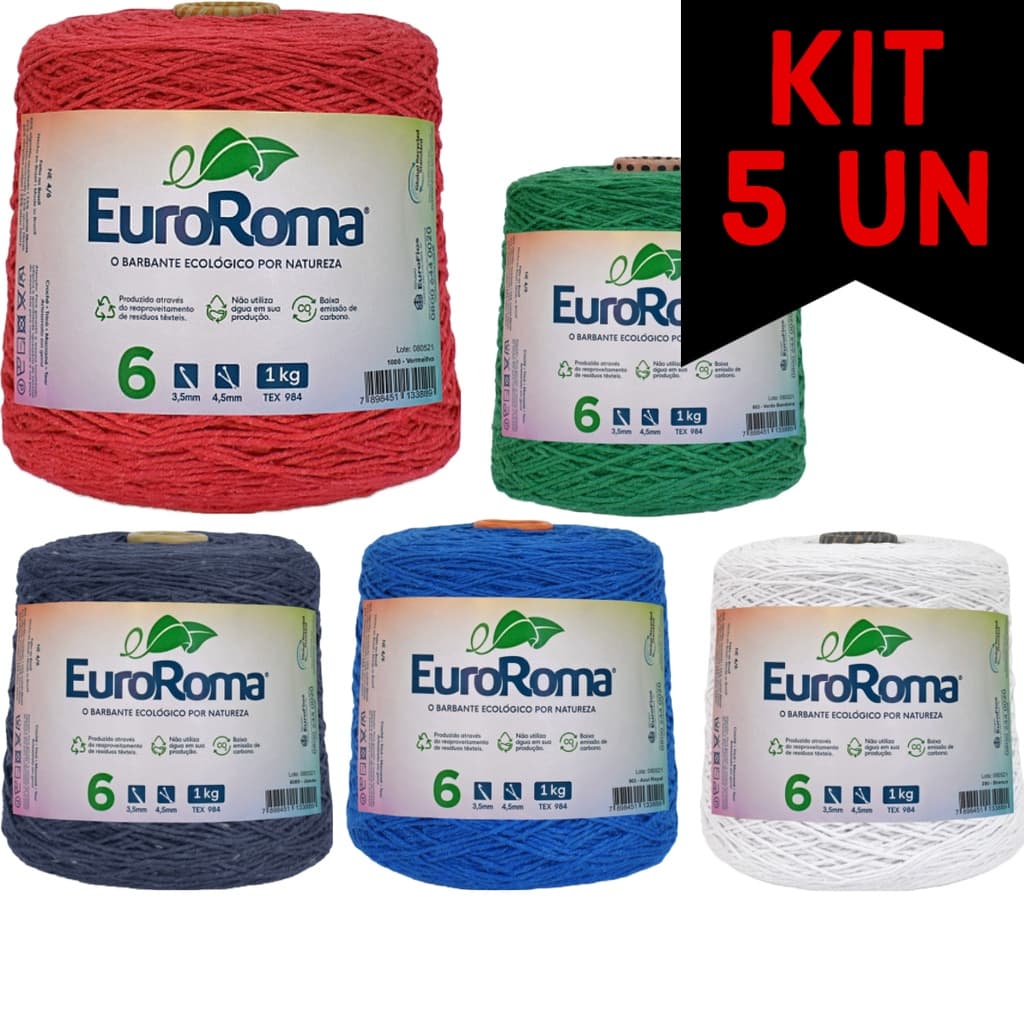 Kit 5 Cones de 1 Kilo Fio Ordem 6 Barbante Colorido Euroroma para Crochê