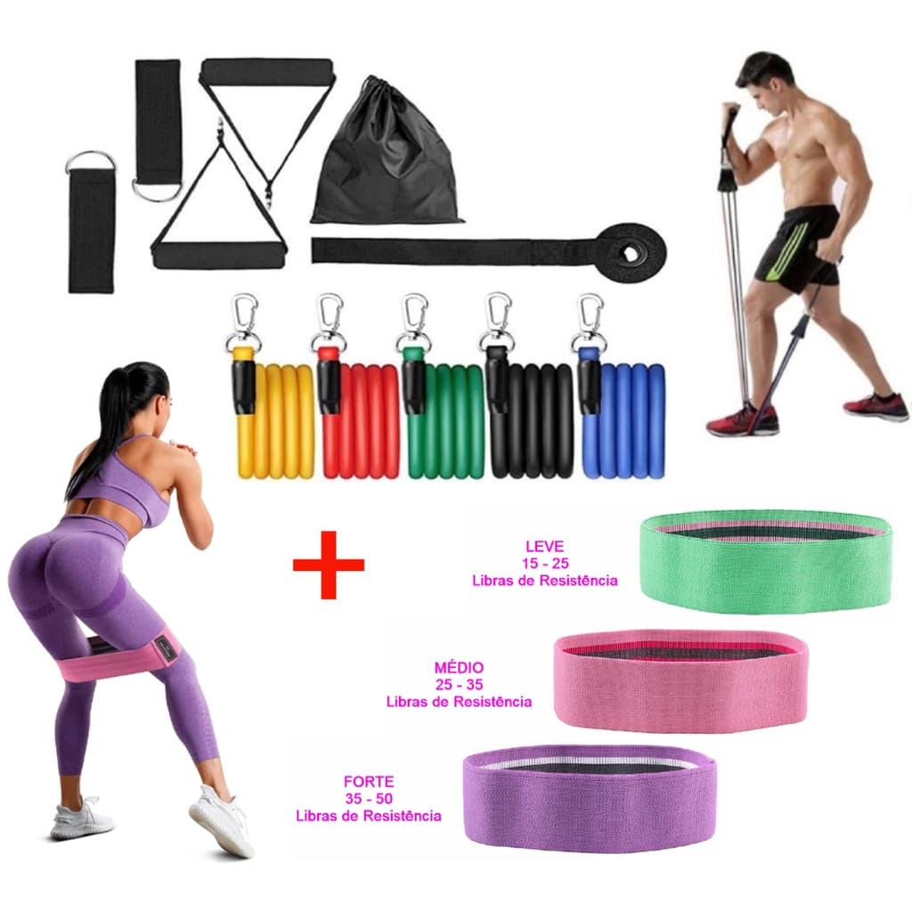 Kit 3 Hip Bands + Kit 11 Elastico Extensor Musculação Academia em Casa Treino de Força e Resistência