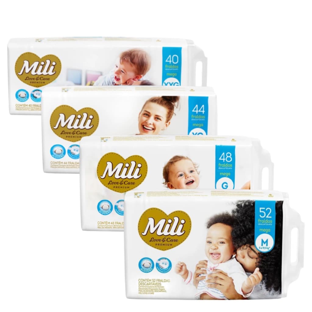 04 Pacotes de Fraldas Mili Love e Care Premium Pacote Mega Varios Tamanhos