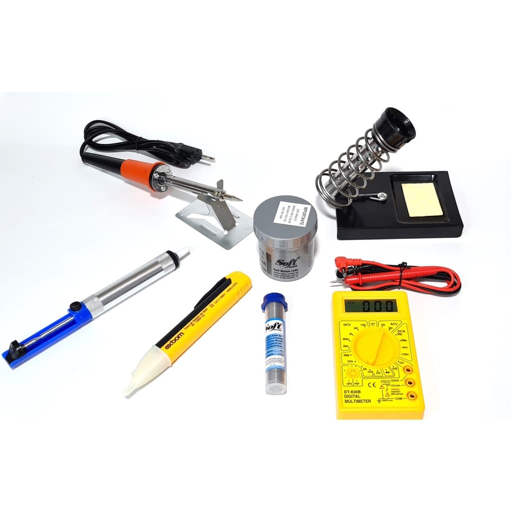 Kit completo de ferro de solda 30w 110v  + multimetro digital + suporte + sugador + pasta + estanho + caneta teste