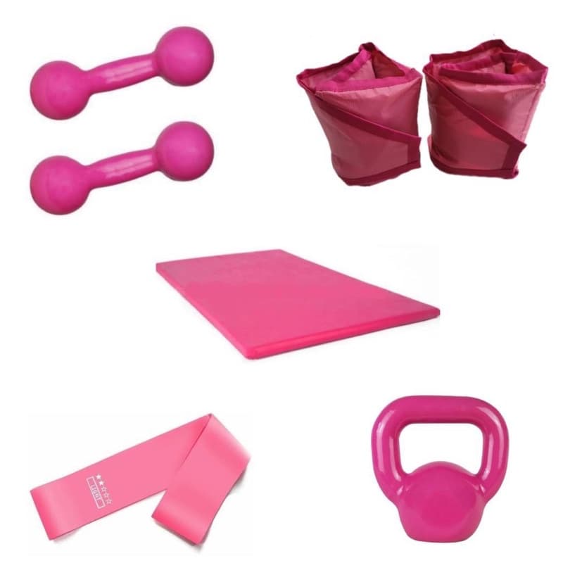 Kit Treino Aeróbico Par Halter 2 Kg Rosa + Par Caneleira 2 Kg Rosa + Kettlebell 4 Kg + Colchonete + Elástico