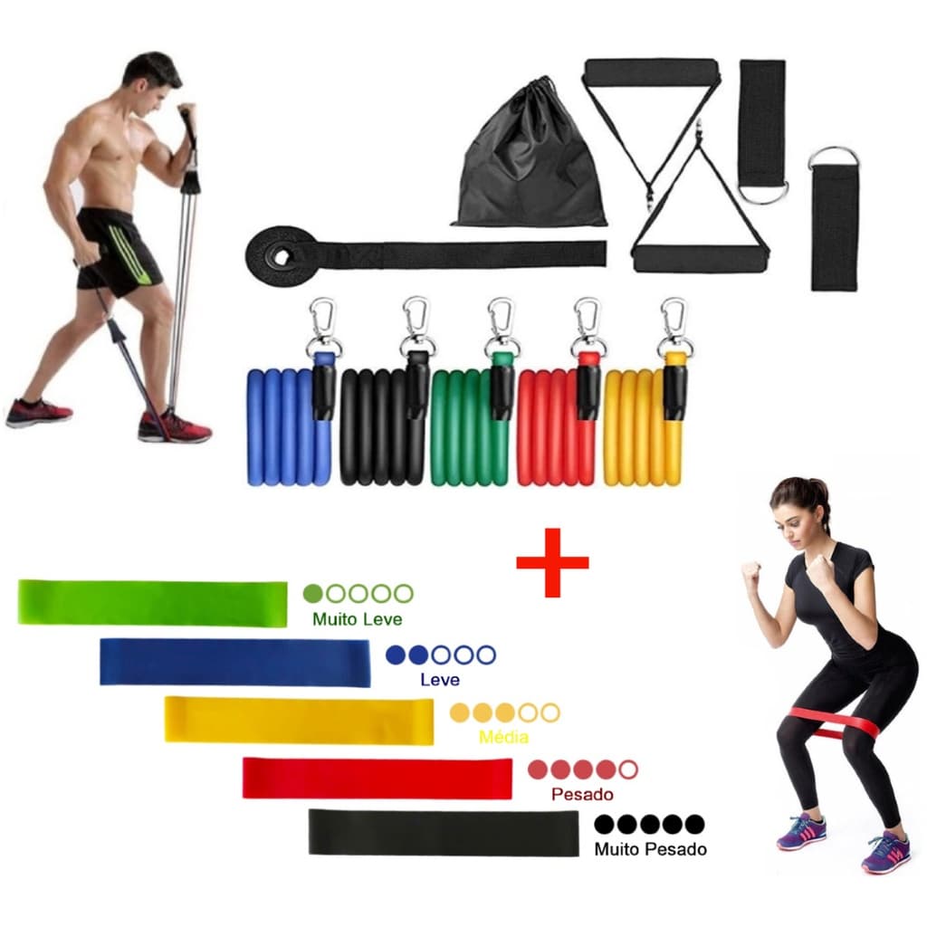 Kit 5 Mini Band + Kit 11 Elastico Extensor Treino Em Casa Musculação