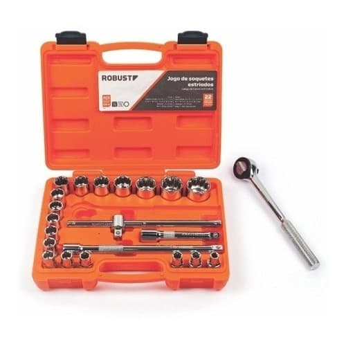 Jogo Soquete Estriado 8 A 32mm 1/2'' Catraca 22 Peças Robust D26-22AM