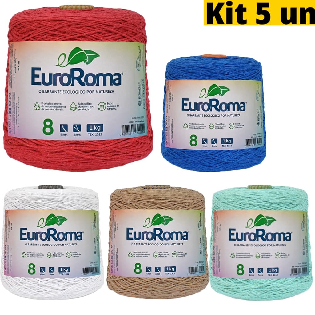 Kit 5 Cones Barbante 1 Quilo Ordem Fio 8 Colorido 762m Linha para Crochê