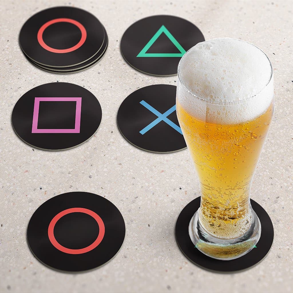 Kit 8 Porta Copos Bolacha Descanso Botões Controle Videogame PS Nintendo playstation Nerd Geek