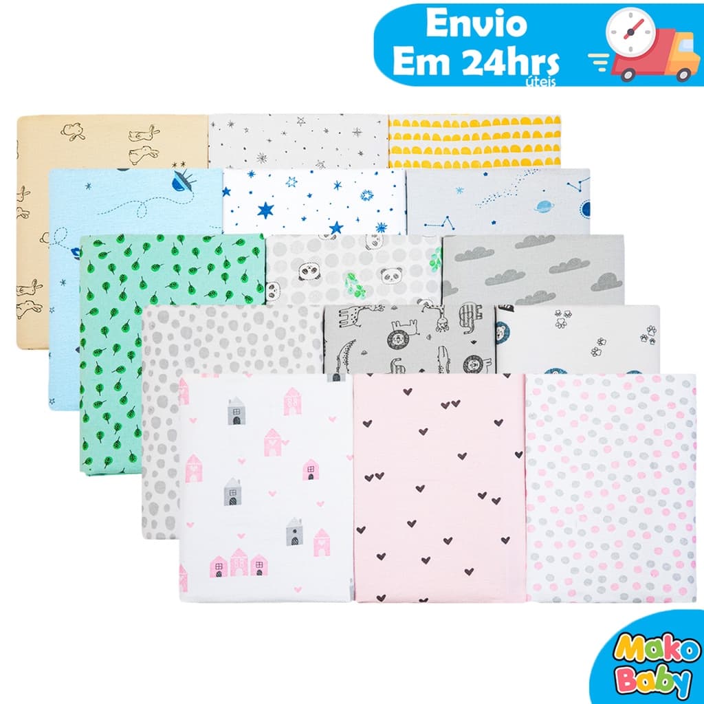 Kit 3 Cueiro Bebe Estampado e Flanelado 50cm x 80cm 100% Algodão Compose Enxoval
