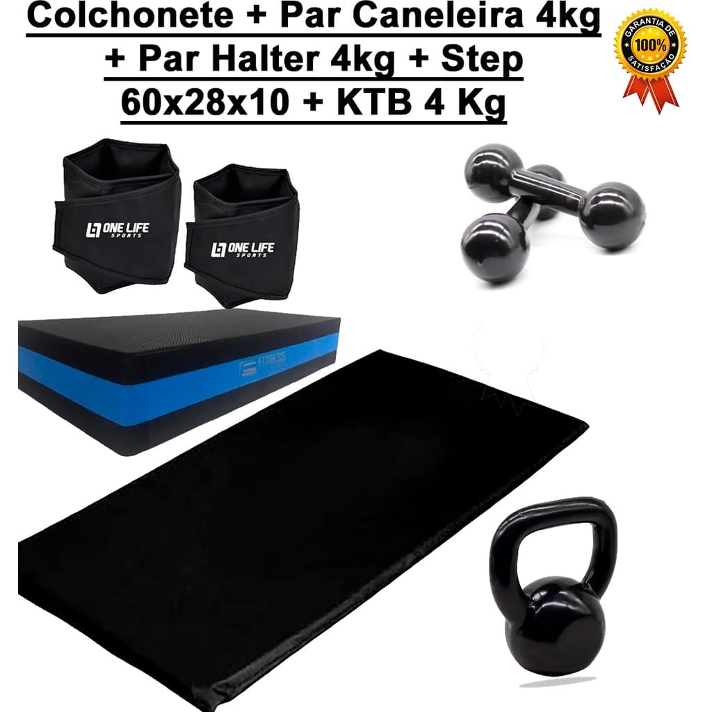 Kit Aeróbico Par Caneleira 4 Kg + Step + Par Halter 4kg + Colchonete  + Ktb 4Kg - Treino Fitness em Casa