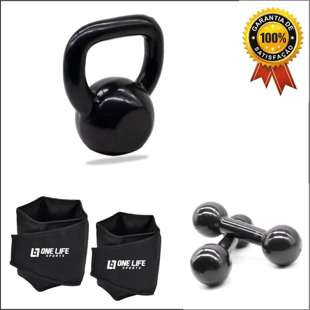 Kit Aeróbico Em Casa - Par Caneleira 3Kg  + Par Halter 3 Kg + Kettlebell emborrachado 8 kg Cross fit Funcuinal Academia