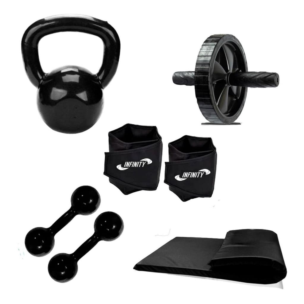 Kit Treino em Casa - Caneleira 3 Kg- Par + Colchonete + Roda + Par Peso Halter 2 Kg + Kettlebel 4 kg