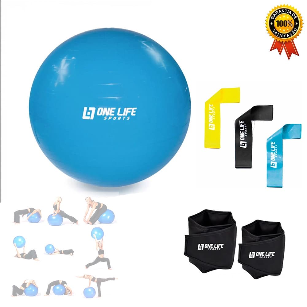 Kit Treino Em casa - Caneleira 2Kg- Par + Kit Mini Band + Bola Suiça 55cm - Funcional Crossfit Academia