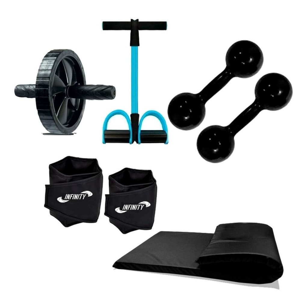 Kit Ginástica Fitness Treino - Extensor +Roda + Caneleira + Halter + Colchonete