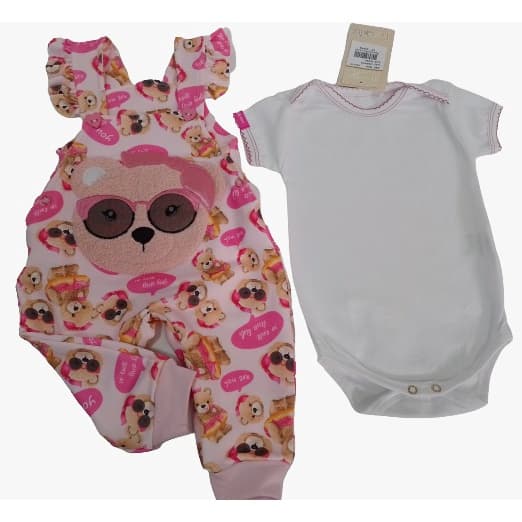Kit Luxo Macacão Jardineira + Body Bebê Menina Enxoval 7979