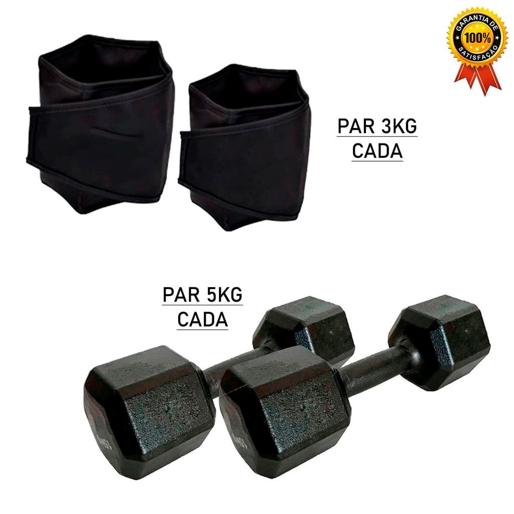 Kit Treino em Casa  - Par Caneleira 3kg + Par Halter Sextavado Pintado 5 kg Peso Academia fitness Funcional