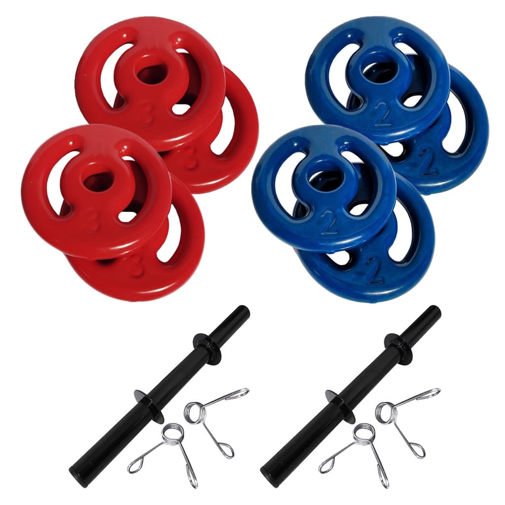 Kit 2 Barras Ocas 40cm C/ Presilhas + 2 Pares De Anilha Revestida 2kg + 2 Pares De Anilha Revestida 3kg | Halter De Peso Para Musculação Treino Em Casa Peso De Academia