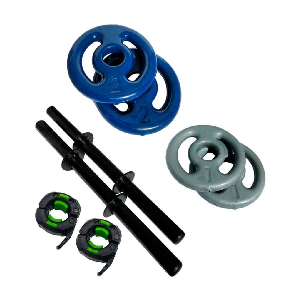 Kit 2 Barras Ocas 40cm C/ Lock Jaw + 1 Par De Anilha Revestida 1kg + 1 Par De Anilha Revestida 2kg | Halter De Peso Para Musculação Treino Em Casa Peso De Academia
