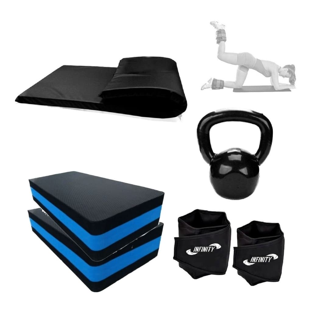 Kit Treino Musculação em Casa - 2 Steps + Kettlebell 6 Kg + Par Caneleira Peso 3kg + Colchonete
