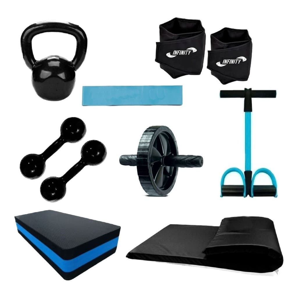 Kit Treino em casa - Par Halter + Par Caneleira + Extensor + Roda + Step + Mini Band + kettlebell + Colchonete