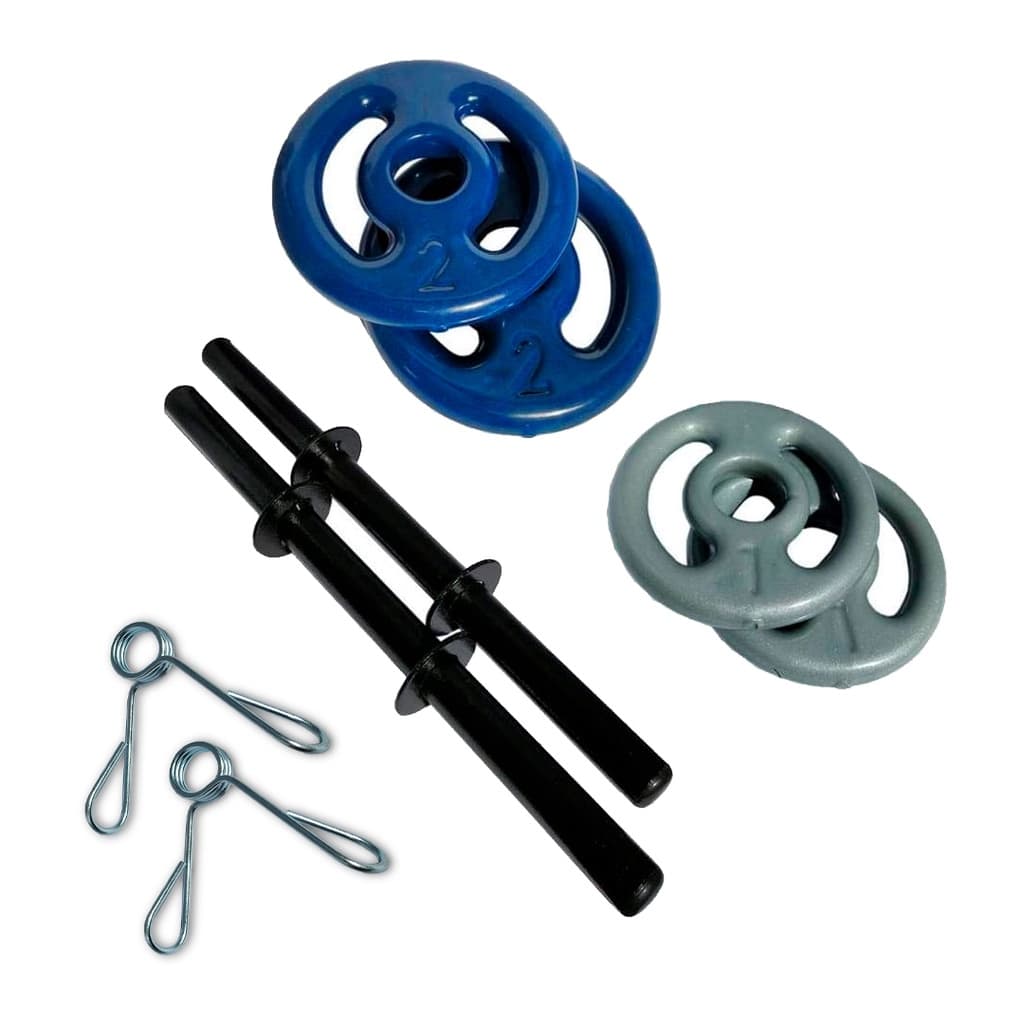 Kit 2 Barras Ocas 40cm C/ Presilhas + 2 Pares De Anilha Revestida 1kg + 2 Pares De Anilha Revestida 2kg | Halter De Peso Para Musculação Treino Em Casa Peso De Academia