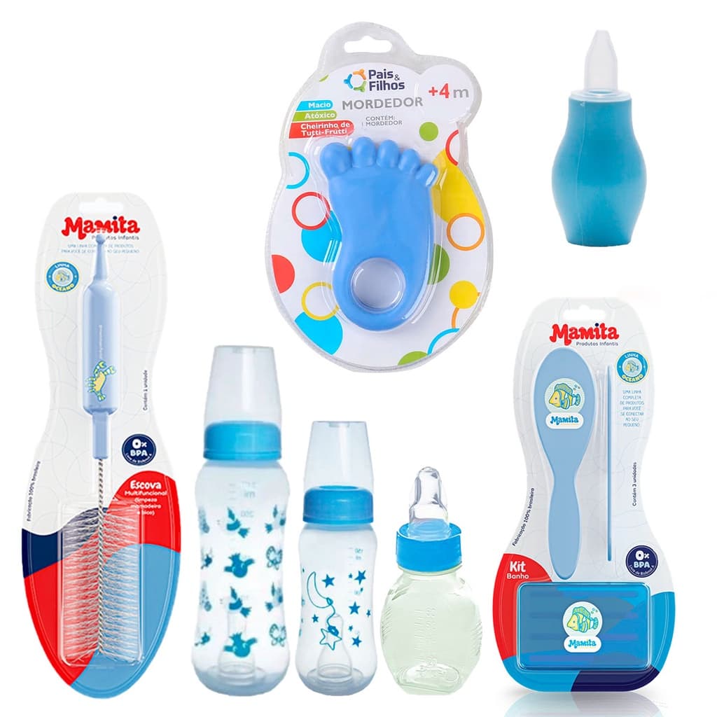 Kit Bebê 2 Mamadeiras, 1 Chuquinha, 1 mordedor, 1 Aspirador, 1 Escova de Mamadeira e 1 Kit Banho