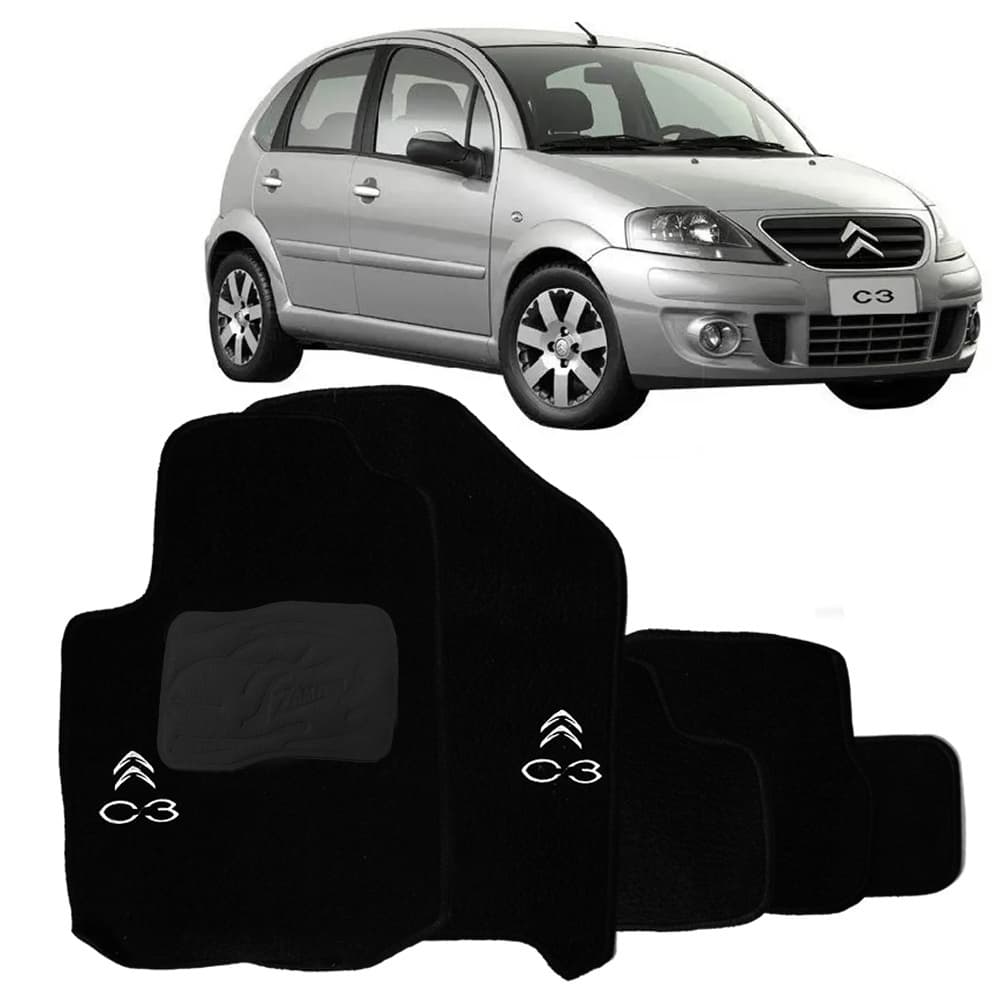 Tapete Citroen C3 2003 a 2012 Carpete Automotivo Logo Bordado Preto 5 Peças