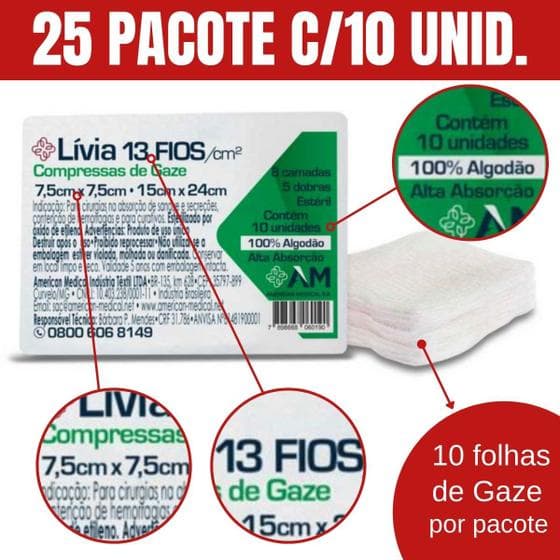 GAZE ESTERIL 09 FIOS 7,5X7,5 KIT C/ 25 PACOTES