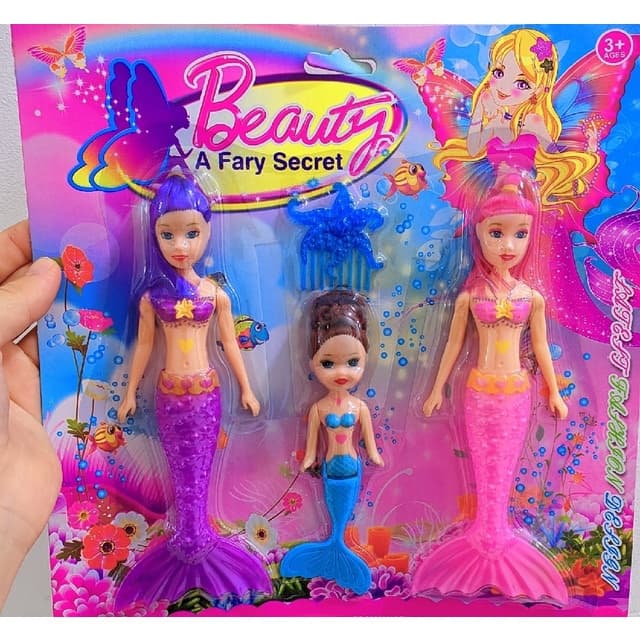Kit 3 Bonecas Sereias Princesa Articulada 2 grande 1 Sereia Pequena Mini + Acessório Boneca Mãe e Filha Bebê