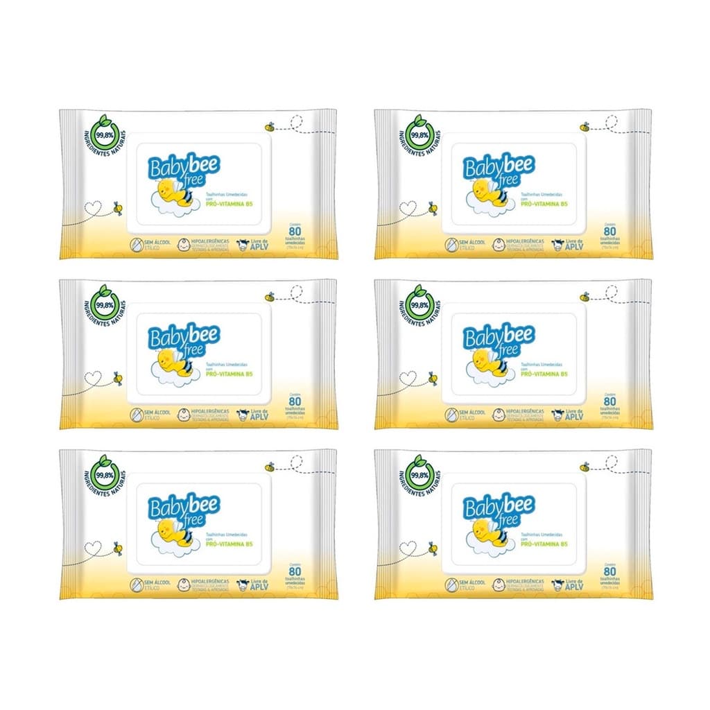 Kit 6un Toalha Umedecida Baby Bee Free - 80un cada