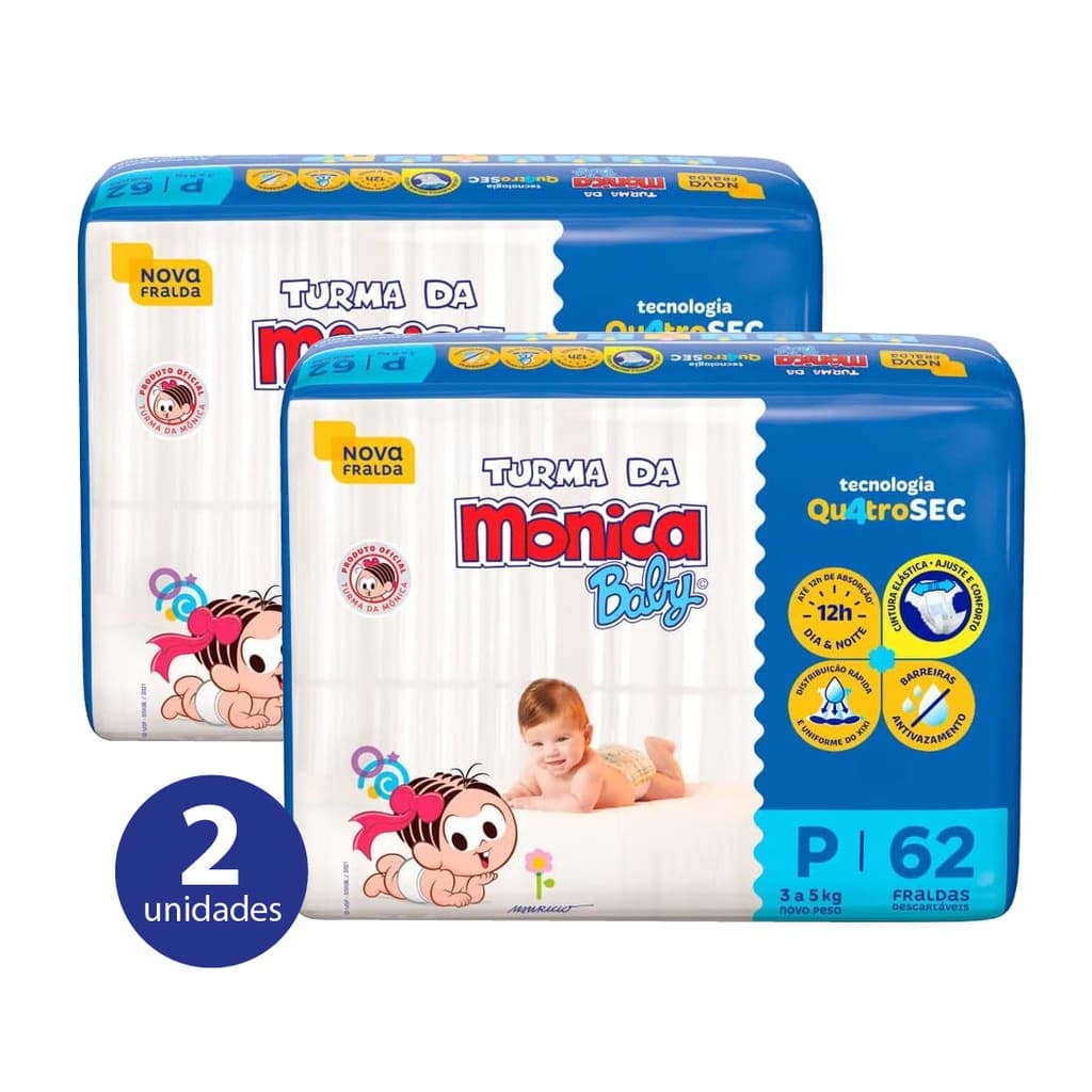 KIT Fralda Turma Mônica Mega P - 124 Fraldas