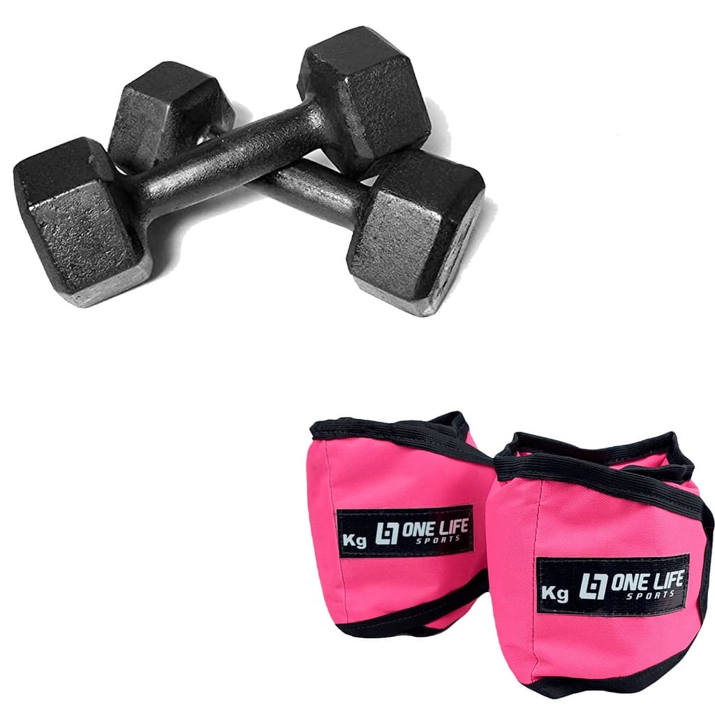 Kit Treino em Casa - Par de  Caneleira Profissional Peso 4kg + Par De Halter sextavado pintado 3kg