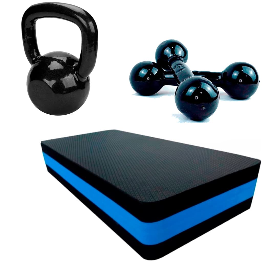 Kit Treino Em Casa - Kettlebel Emborrachado 4kg + Par Halter Emborrachado 3Kg + Step 60x28x10 Cross Fit  Funcional
