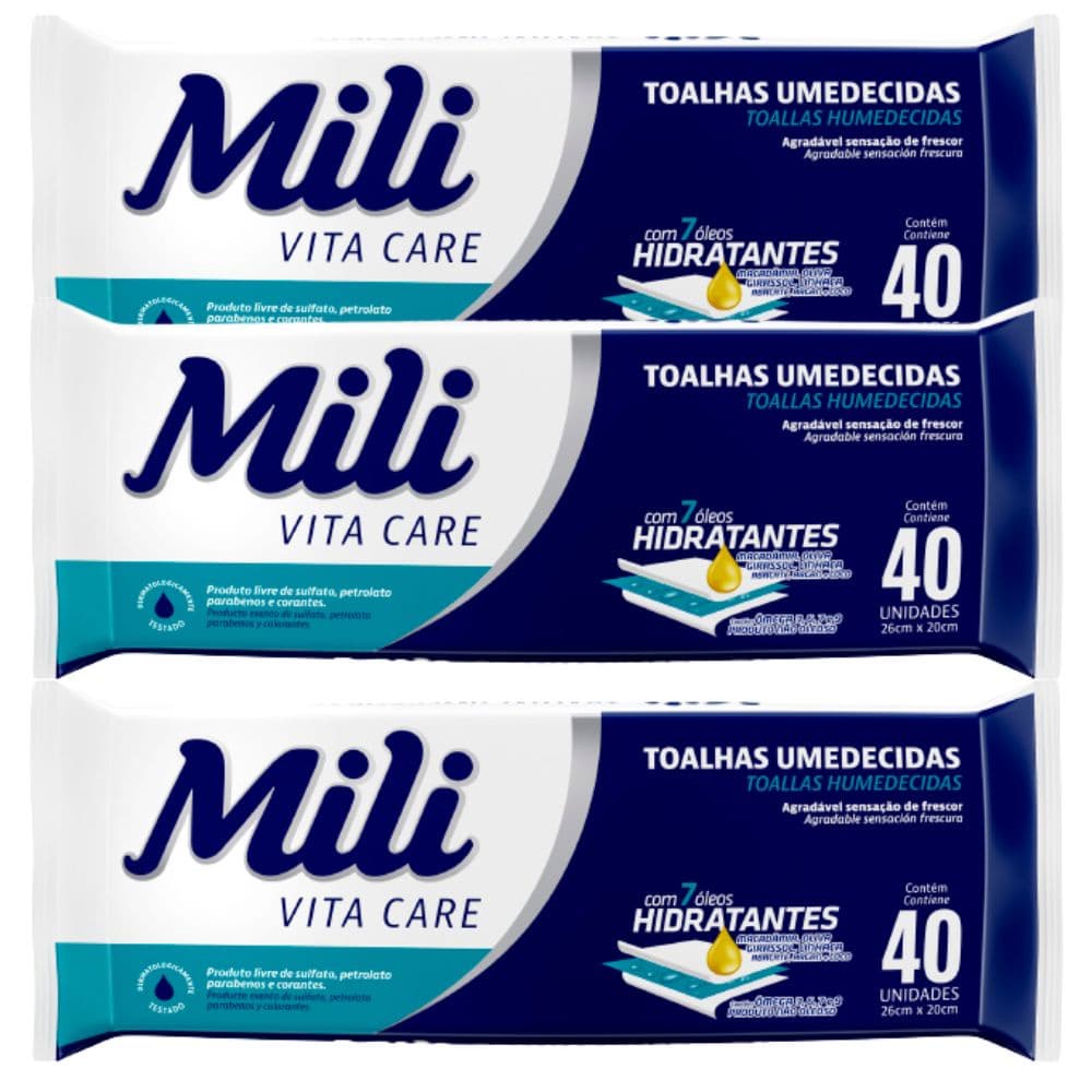 Lenço Umedecido  Mili Vita   Adulto    Toalha Umedecida 3 Pacotes com 40 unidades   Total 120