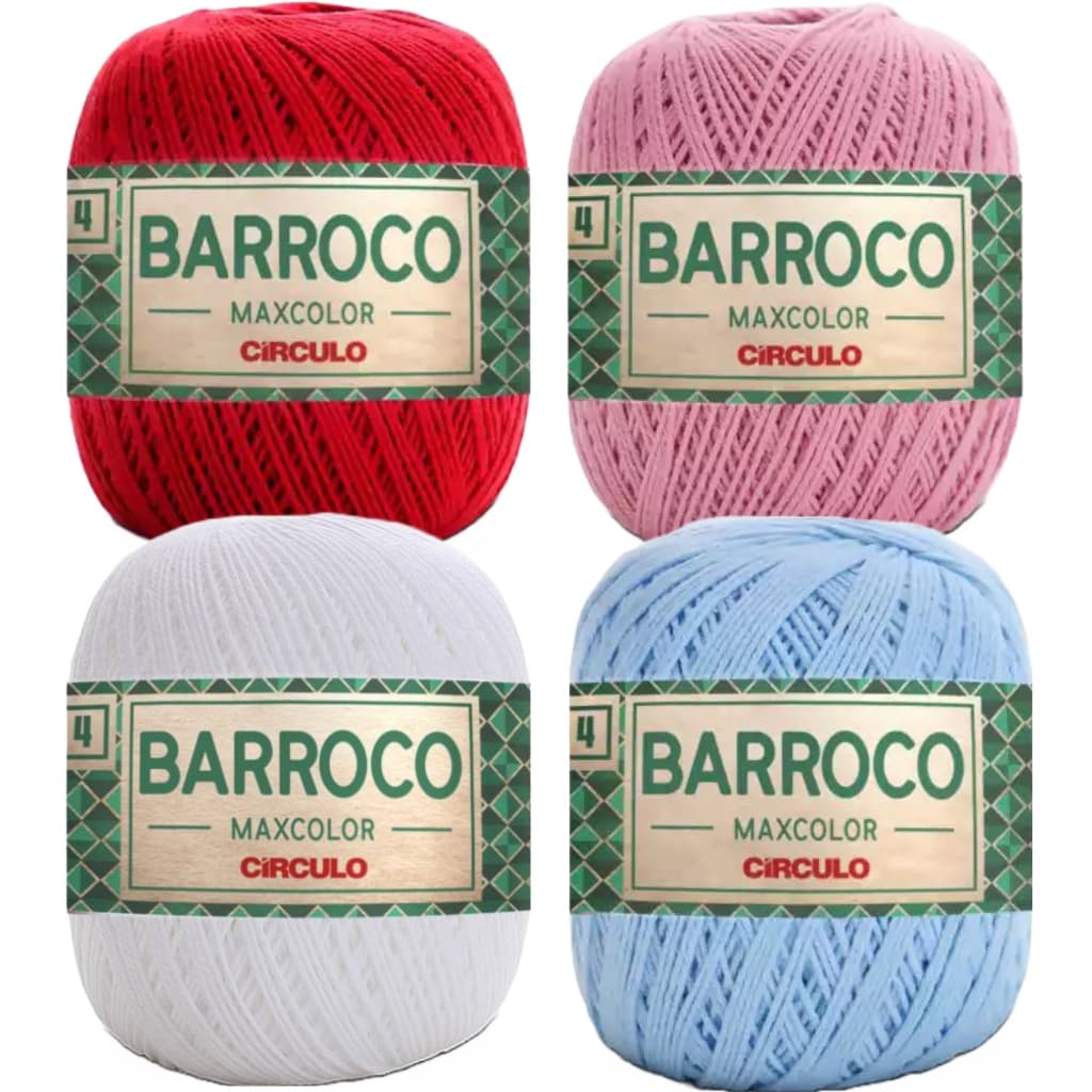 Kit 4 Novelos Barbante Barroco Maxcolor Espessura Fio 4 com 338 Metro e 200 Gramas Linha para Crochê, Tricô e Artesanato