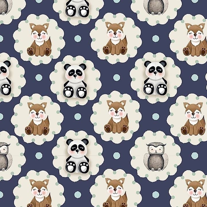 Tecido Patchwork Digital Animais na Floresta Bichinhos no Camafeu Azul Escuro AN002
