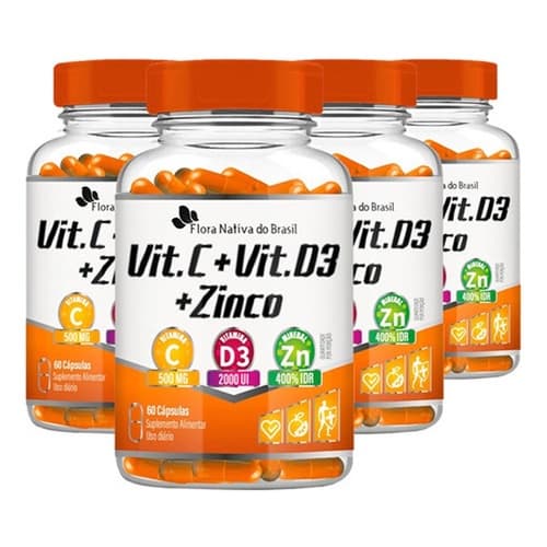 4x Vitamina C + Vitamina D3 + Zinco 60 Capsulas Flora Nativa