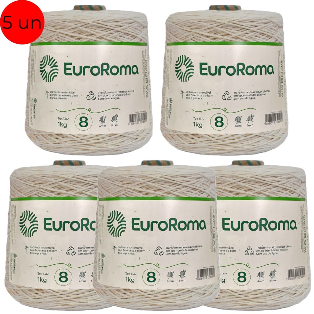 Kit de 5 Cones Cru 1kg e 700 Metros Fio Ordem 8 Euroroma 1312 TEX Barbante para Crochê, Tricô e Artesanato