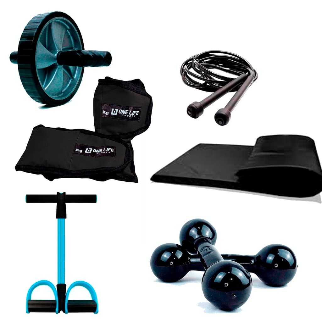 Kit Treino em casa - Extensor + Caneleira 3kg + Halter 2kg + Colchonete + Roda + Corda
