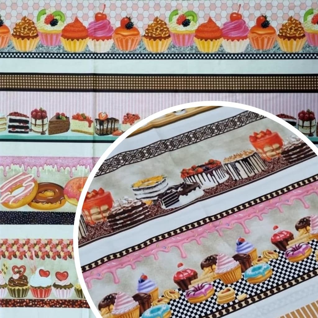 Tecido Patchwork (1,50 x 0,60) Digital Barrado Bolos e Doces 25011101